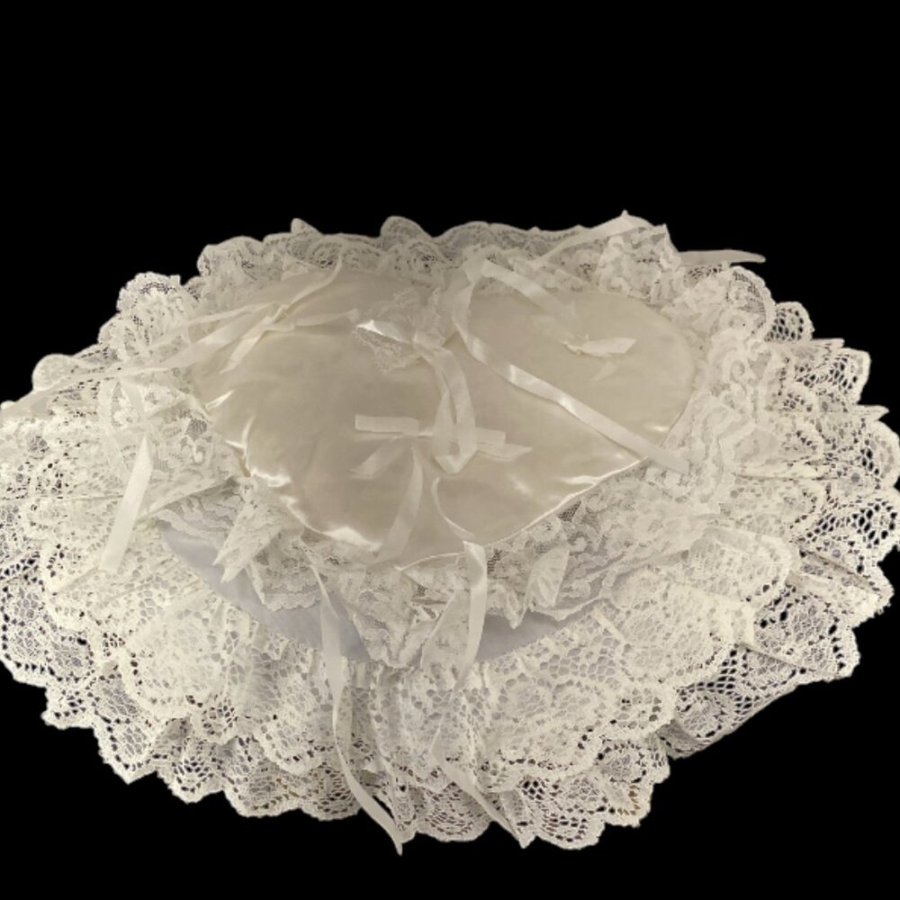 SATIN RING PILLOW -- Vintage 1980, Elastic Hold Strap, Ring Ties, Lace Doily - Picture 6 of 13